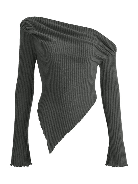 Sexy Tees Women Spring New Crop Top Off Shoulder Slim Solid T-shirt Long Sleeves Streetwear Pullover Asymmetrical Lady T-shirt