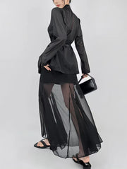 Spring Elegant Blazer Collar Women Shirts Korean Chic Lace Up Long Sleeve Female Tops Fashion Office Lady Black Sunscreen Blouse