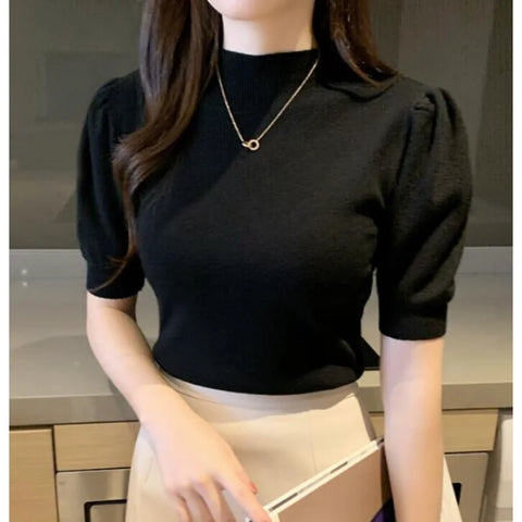 Short Sleeved Shirt Women's Summer Vest 2025 Spring Tank Knitwear Half Turtleneck Bottoming Sweater Thin Knit Shirt 18848