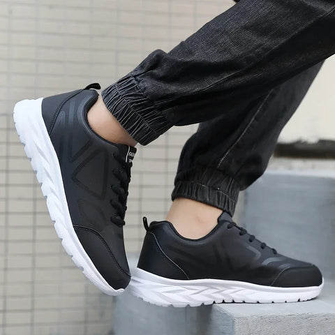 YRZL Black Running Shoes Leather Waterproof Athletic Sneakers Men Wear-resistant Men Walking Sport Shoes Comfortable Men Shoes