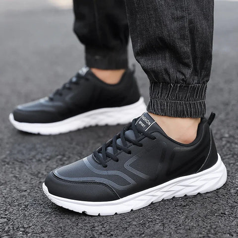 YRZL Black Running Shoes Leather Waterproof Athletic Sneakers Men Wear-resistant Men Walking Sport Shoes Comfortable Men Shoes