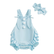 Newborn Infant Baby Girls Sleeveless Pom Front Ruffle Romper Playsuit Jumpsuit Overalls Baby Clothes Easter Outfits