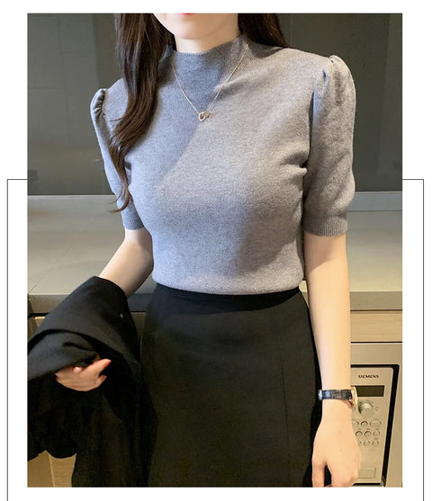 Short Sleeved Shirt Women's Summer Vest 2025 Spring Tank Knitwear Half Turtleneck Bottoming Sweater Thin Knit Shirt 18848