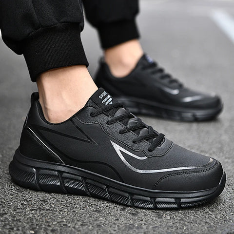 YRZL Black Running Shoes Leather Waterproof Athletic Sneakers Men Wear-resistant Men Walking Sport Shoes Comfortable Men Shoes