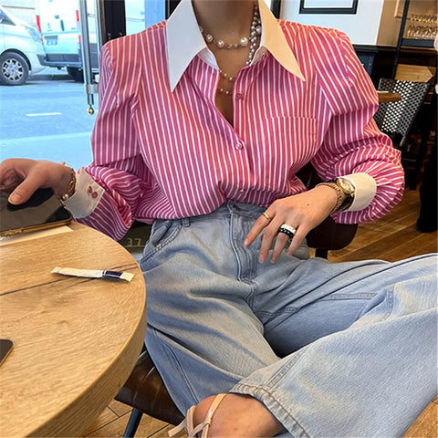 REALEFT Spring Summer Elegant Striped Women's Blouse One Pocket Turn-down Collar Single Breated Korean Shirts Female 2024 New