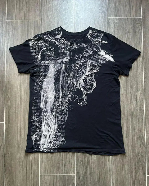 T Shirt Mens New Affliction Harajuku Y2K Hip Hop Water Washed Retro Round Neck Oversized T shirt long sleeve Gothic Couple Tops
