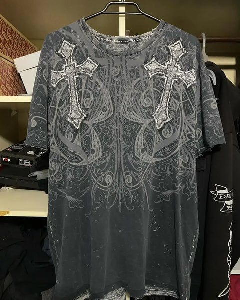 T Shirt Mens New Affliction Harajuku Y2K Hip Hop Water Washed Retro Round Neck Oversized T shirt long sleeve Gothic Couple Tops