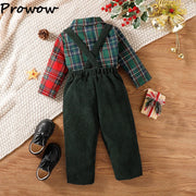Prowow Baby Kids Christmas Outfit Sets For Boys Patchwork Plaid Necktie Shirts +Corduroy Green Overalls Newborn New Year Costume