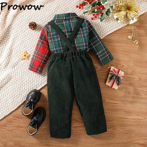 Prowow Baby Kids Christmas Outfit Sets For Boys Patchwork Plaid Necktie Shirts +Corduroy Green Overalls Newborn New Year Costume