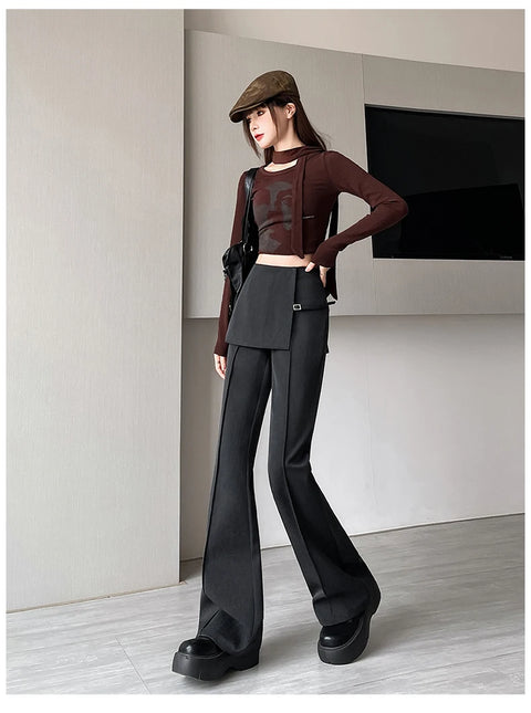 Gray Irregular High Waist Fake Two Pcs Flare Suit Pants Loose New Trousers Women Fashion Tide Spring Autumn 2025
