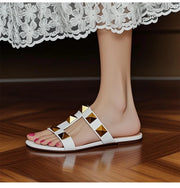 Women's flat sandals Gladiator summer 2025 luxury Brand Designer Rivets Open Toe slipper Leather Comfortable Ladies shoes Women