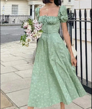 New Women Floral Dress Summer PuffSleeve Square Neck Tie Front High SplitDress Ruched Drawstring Chic DressesPrint Long