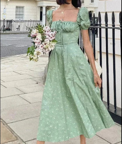 New Women Floral Dress Summer PuffSleeve Square Neck Tie Front High SplitDress Ruched Drawstring Chic DressesPrint Long