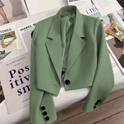 Korean Cropped Blazers Women Autumn Solid Color Simple Single-button Outwear Teens All-match Long Sleeve Office Lady Suit Jacket