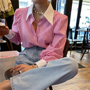 REALEFT Spring Summer Elegant Striped Women's Blouse One Pocket Turn-down Collar Single Breated Korean Shirts Female 2024 New