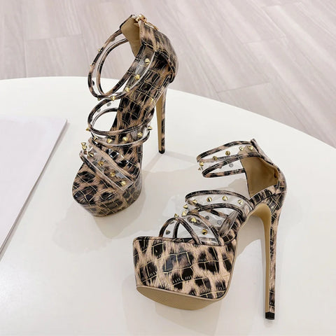 Liyke Fashion Design Metal Rivets PVC Women Zip Cover Strap Sandals Sexy Leopard Print Platform High Heels Banquet Party Shoes