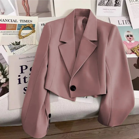 Korean Cropped Blazers Women Autumn Solid Color Simple Single-button Outwear Teens All-match Long Sleeve Office Lady Suit Jacket