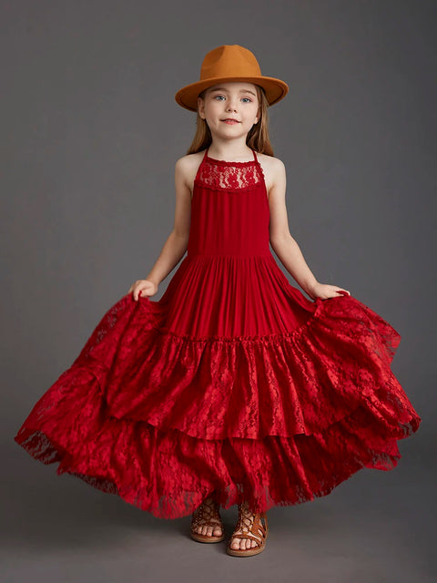 New 2024 Princess Girls Short Sleeve Lace Long Floor Dresses Baby Kids Flower Wedding Christmas Party Vestidos Children Clothing
