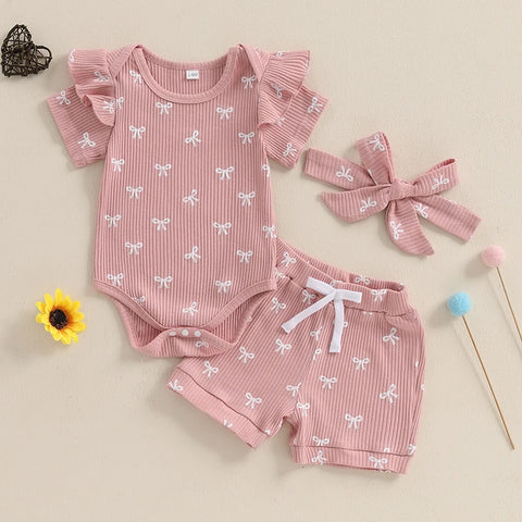 3pcs Newest Summer Toddler Infant Baby Girl Cotton Casual Outfits Set Bow Print Bodysuit+Shorts+Headband Cute Baby Clothes