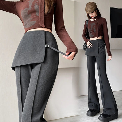 Gray Irregular High Waist Fake Two Pcs Flare Suit Pants Loose New Trousers Women Fashion Tide Spring Autumn 2025