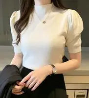 Short Sleeved Shirt Women's Summer Vest 2025 Spring Tank Knitwear Half Turtleneck Bottoming Sweater Thin Knit Shirt 18848