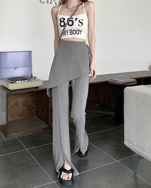 Solid Slit Full Length Flare Pants Women High Waist Elastic Fashion Korean Style Autumn Female All-match Simple Leisure Chic