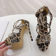 Liyke Fashion Design Metal Rivets PVC Women Zip Cover Strap Sandals Sexy Leopard Print Platform High Heels Banquet Party Shoes