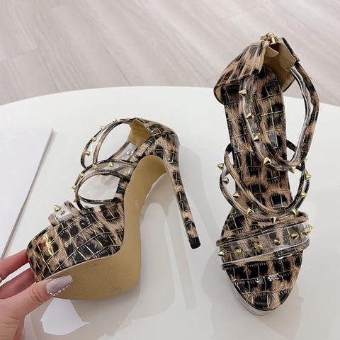 Liyke Fashion Design Metal Rivets PVC Women Zip Cover Strap Sandals Sexy Leopard Print Platform High Heels Banquet Party Shoes