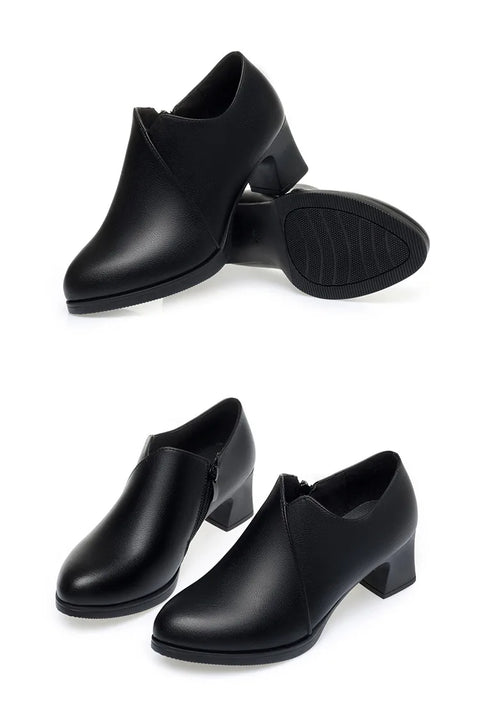 5.5cm Comfortable Deep Mouth Soft Leather Shoes Women's Pumps 2025 Spring Black Block Heels Shoes for Office Mom Dance Model