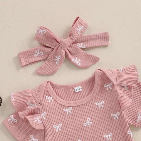 3pcs Newest Summer Toddler Infant Baby Girl Cotton Casual Outfits Set Bow Print Bodysuit+Shorts+Headband Cute Baby Clothes