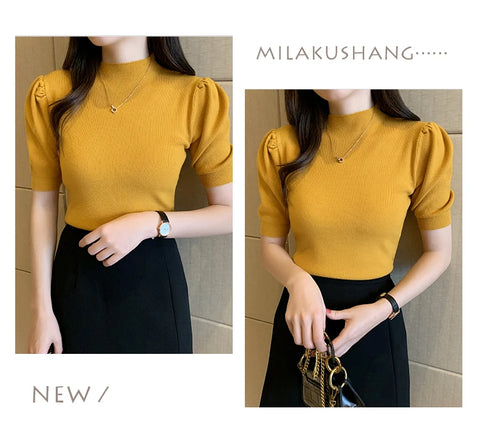 Short Sleeved Shirt Women's Summer Vest 2025 Spring Tank Knitwear Half Turtleneck Bottoming Sweater Thin Knit Shirt 18848