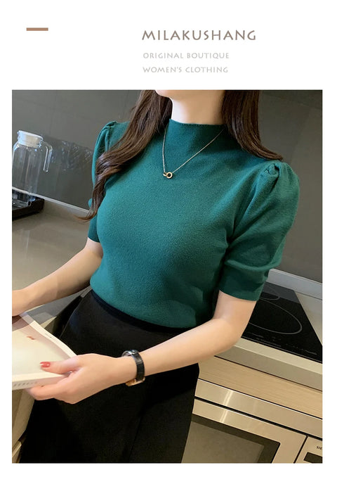 Short Sleeved Shirt Women's Summer Vest 2025 Spring Tank Knitwear Half Turtleneck Bottoming Sweater Thin Knit Shirt 18848
