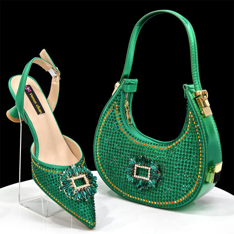 2025 Nigerian Women's Party Shoes and Bags Medium Heel Pointed Toe Elegant Party Footwear With Matching Color Handbag for Women