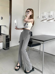 Solid Slit Full Length Flare Pants Women High Waist Elastic Fashion Korean Style Autumn Female All-match Simple Leisure Chic
