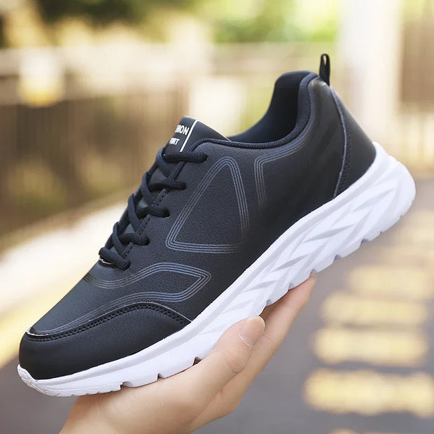 YRZL Black Running Shoes Leather Waterproof Athletic Sneakers Men Wear-resistant Men Walking Sport Shoes Comfortable Men Shoes