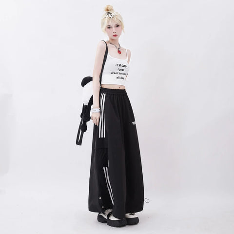 2025 Summer High Street Striped Print Black Mid Long Skirts Women's Casual High Waist Street Elastic Waist Grunge A-Line Skirt