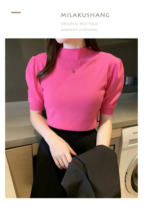 Short Sleeved Shirt Women's Summer Vest 2025 Spring Tank Knitwear Half Turtleneck Bottoming Sweater Thin Knit Shirt 18848
