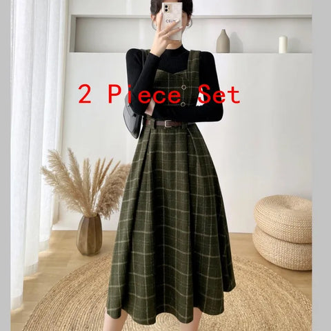 Autumn Winter Lady fashion Overalls 2 Piece Set Dress Women black Knitted Sweater Top + Plaid Tweed Slim Big Swing Midi Dress