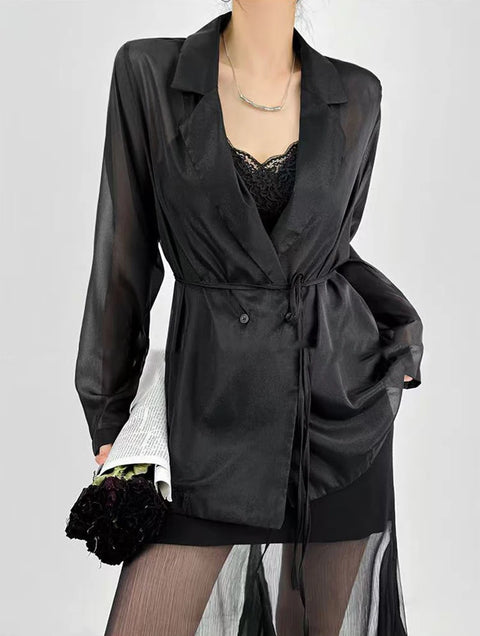 Spring Elegant Blazer Collar Women Shirts Korean Chic Lace Up Long Sleeve Female Tops Fashion Office Lady Black Sunscreen Blouse