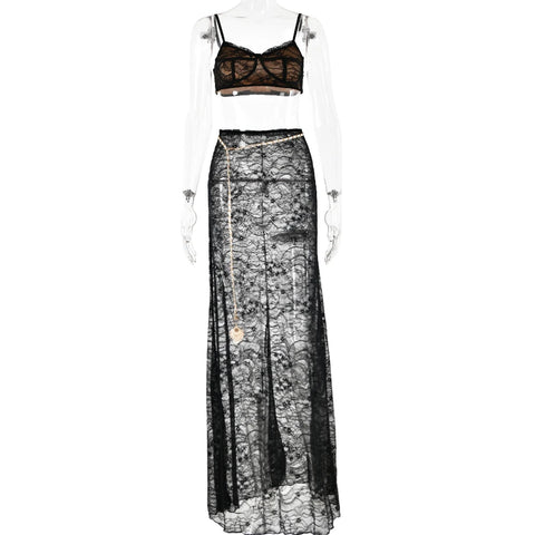 Fantoye Sexy See Through Lace Chain Women Skirt Suit White Spaghetti Strap Crop Top Print Floral Skirt Autumn New Two Piece Sets