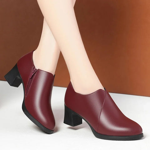 5.5cm Comfortable Deep Mouth Soft Leather Shoes Women's Pumps 2025 Spring Black Block Heels Shoes for Office Mom Dance Model
