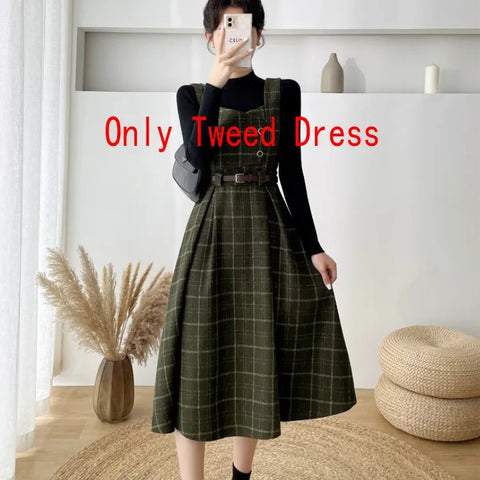 Autumn Winter Lady fashion Overalls 2 Piece Set Dress Women black Knitted Sweater Top + Plaid Tweed Slim Big Swing Midi Dress