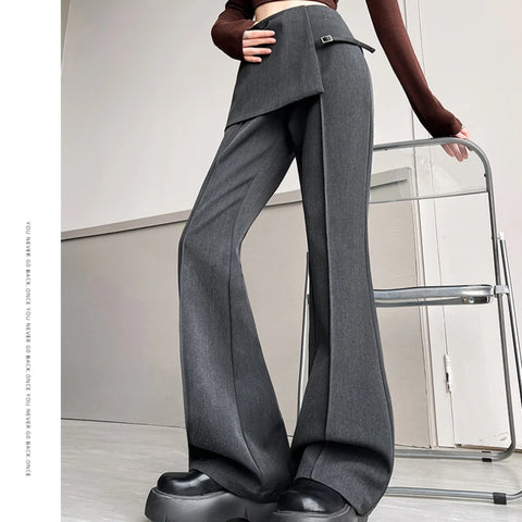 Gray Irregular High Waist Fake Two Pcs Flare Suit Pants Loose New Trousers Women Fashion Tide Spring Autumn 2025