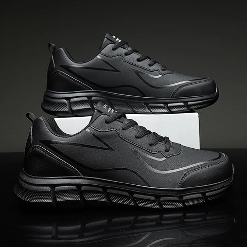 YRZL Black Running Shoes Leather Waterproof Athletic Sneakers Men Wear-resistant Men Walking Sport Shoes Comfortable Men Shoes
