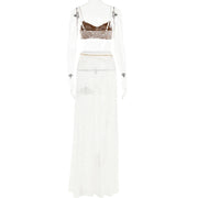 Fantoye Sexy See Through Lace Chain Women Skirt Suit White Spaghetti Strap Crop Top Print Floral Skirt Autumn New Two Piece Sets