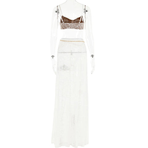 Fantoye Sexy See Through Lace Chain Women Skirt Suit White Spaghetti Strap Crop Top Print Floral Skirt Autumn New Two Piece Sets