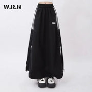 2025 Summer High Street Striped Print Black Mid Long Skirts Women's Casual High Waist Street Elastic Waist Grunge A-Line Skirt