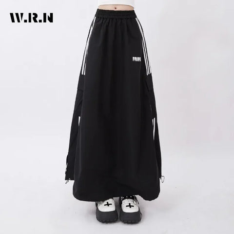 2025 Summer High Street Striped Print Black Mid Long Skirts Women's Casual High Waist Street Elastic Waist Grunge A-Line Skirt
