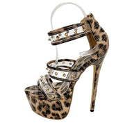 Liyke Fashion Design Metal Rivets PVC Women Zip Cover Strap Sandals Sexy Leopard Print Platform High Heels Banquet Party Shoes