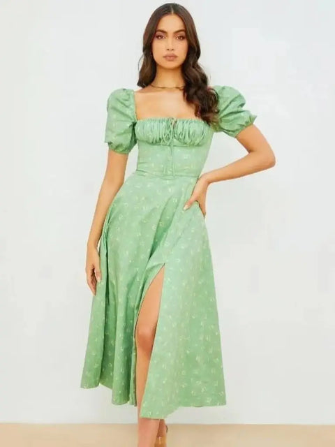 New Women Floral Dress Summer PuffSleeve Square Neck Tie Front High SplitDress Ruched Drawstring Chic DressesPrint Long